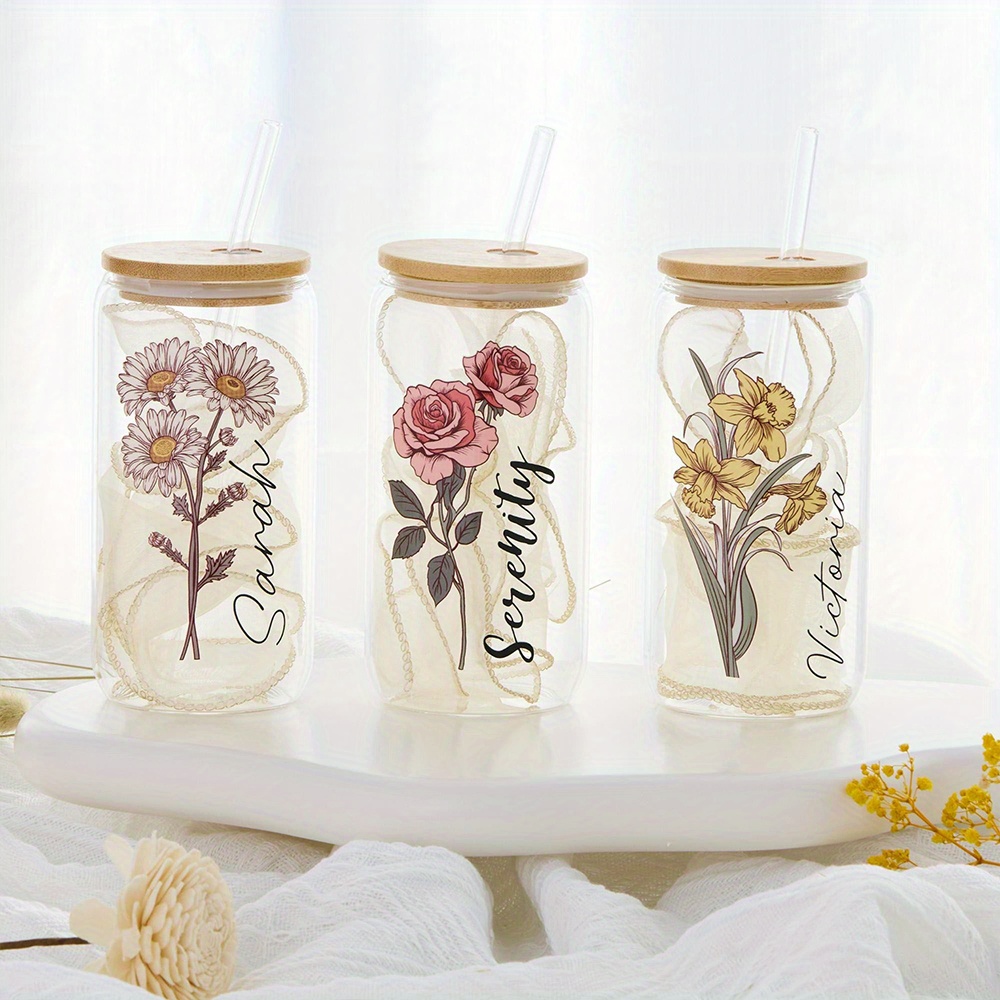 Custom Birth Flower Glass Can  - Coffee Equipment With Name recension och pris