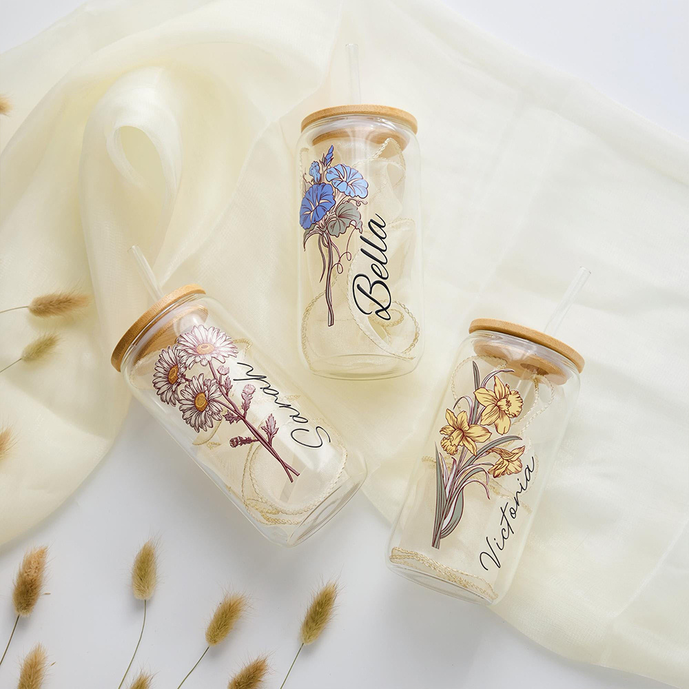 Custom Birth Flower Glass Can  - Coffee Equipment With Name recension och pris